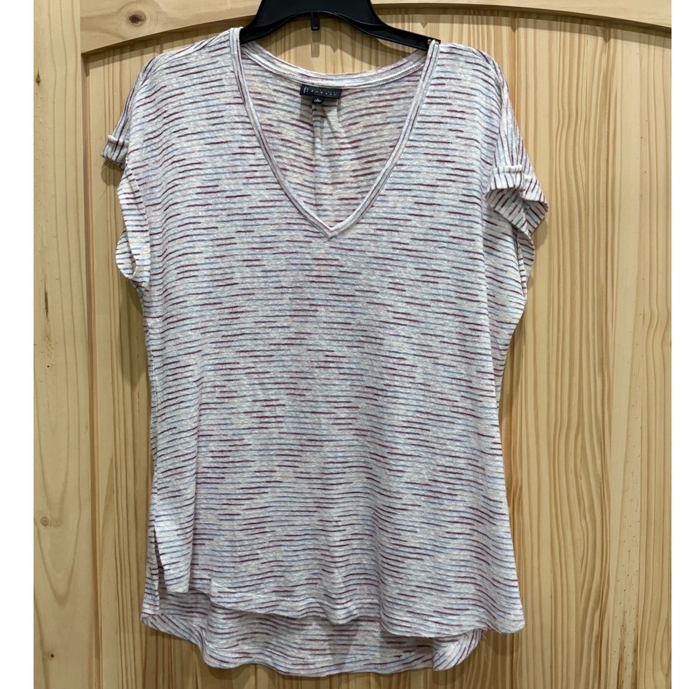 Bobeau Womens V-Neck Space Dye Knit Top Cuffed Cap Sleeve Multi-Color Large